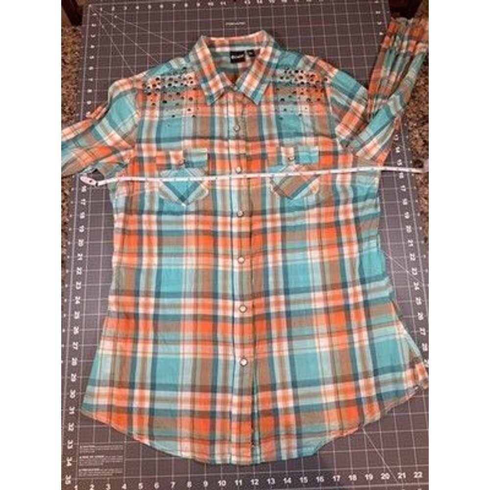 Cruel Women's Large Plaid Western Shirt Rhinestone Studded Turquoise Coral - Picture 10 of 12